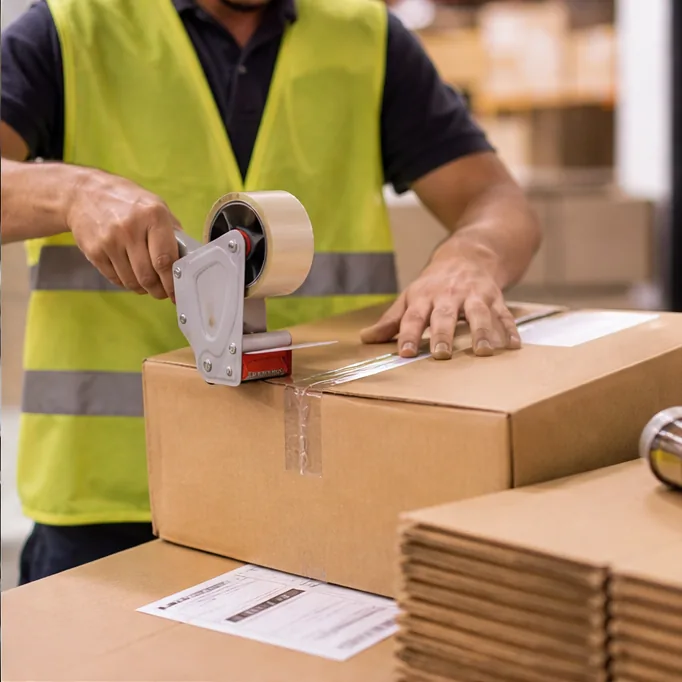 A worker taping a box shut