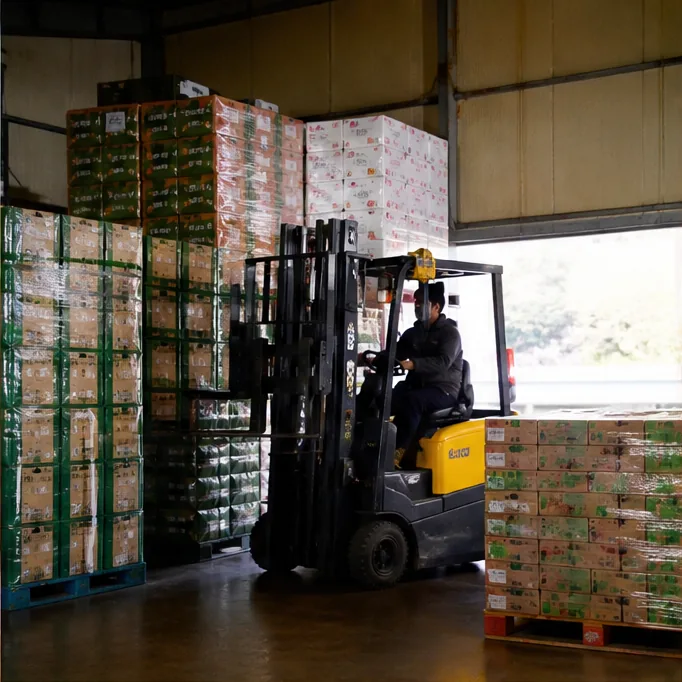 A forklift stacking pallets of produce boxes at a regional distribution center