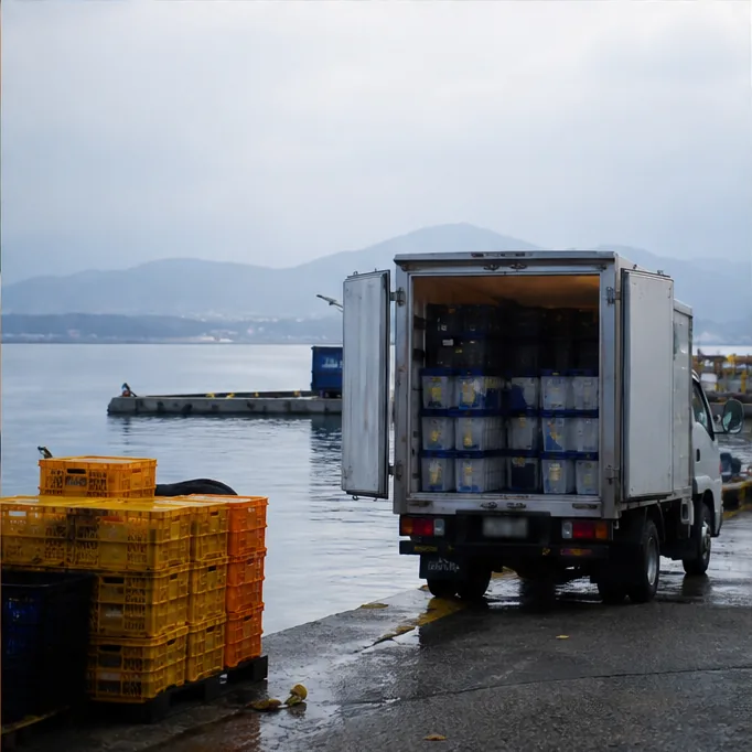 Fish crates being loaded into a refrigerated truck at a port